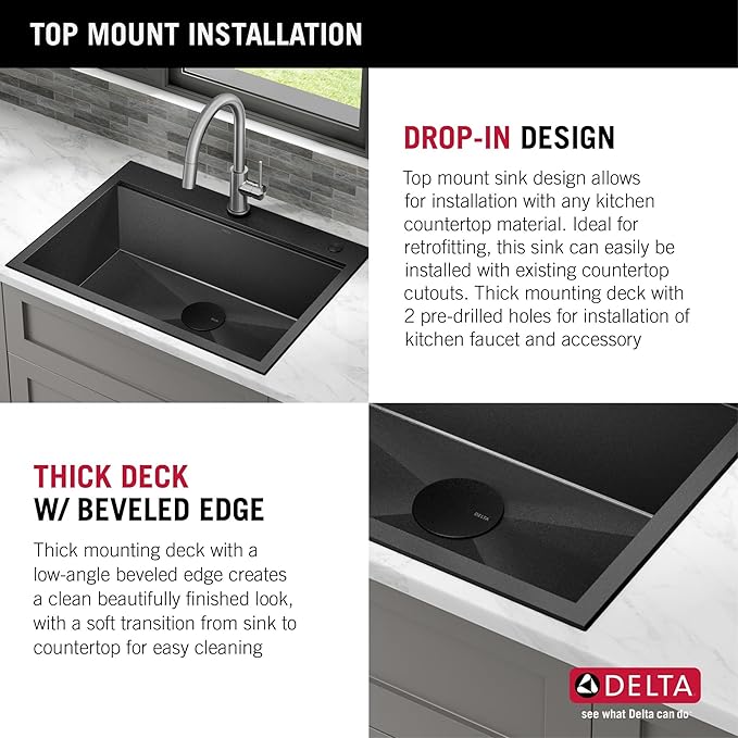 DELTA FAUCET Delta Rivet 25 Inch Black Stainless Steel Drop-in Top Mount 16 Gauge Workstation Kitchen Sink Single Bowl in PVD Gunmetal Finish with WorkFlow Ledge and Accessories, 95A9031-T25S-GS