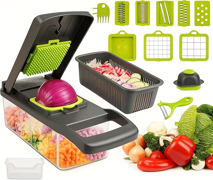 16-in-1 Mandoline Veggie Chopper dicer Cutter Slicer Julienne Slicer Salad Maker Multifuctional Vegetable chopper Cheese Grater Food Prep Tool Kitchen Gadget 8 interchangeble blades