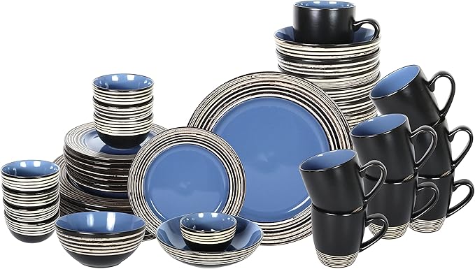48 Piece Dinnerware Set, Ceramic Plates and Bowls Sets for 8, Microwave and Dishwasher Safe, Handcrafted Tree Bark Series Dish Set, Blue