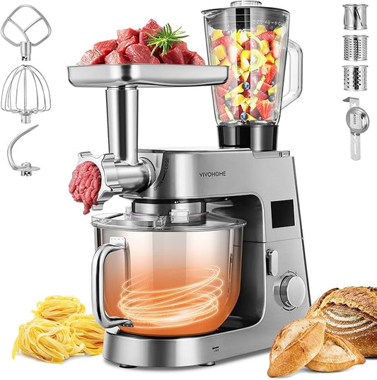 VIVOHOME 9 in 1 Multifunctional Stand Mixer with Fermentation, 6 Speed 7.5 Quart Kitchen Electric Food Mixer with Timer, Meat Grinder, Juice Blender, Vegetable Slicer, Pasta and Cookie Maker, Silver