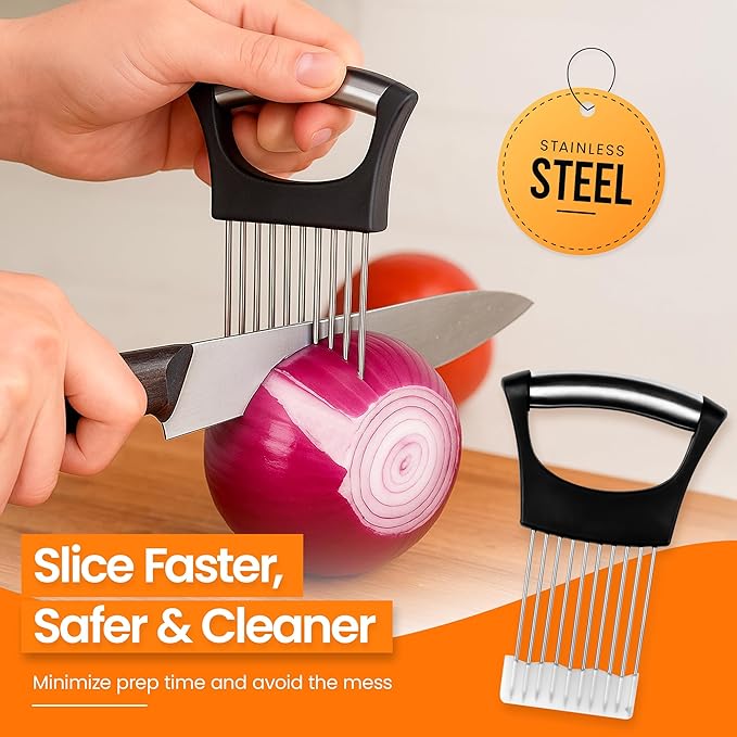 Onion Holder for Slicing (2 Pack) – Stainless Steel Vegetable Slicer Tool for Onions, Tomatoes, Potatoes & More – Kitchen Gadget with Ergonomic Handle for Easy, Safe Cutting
