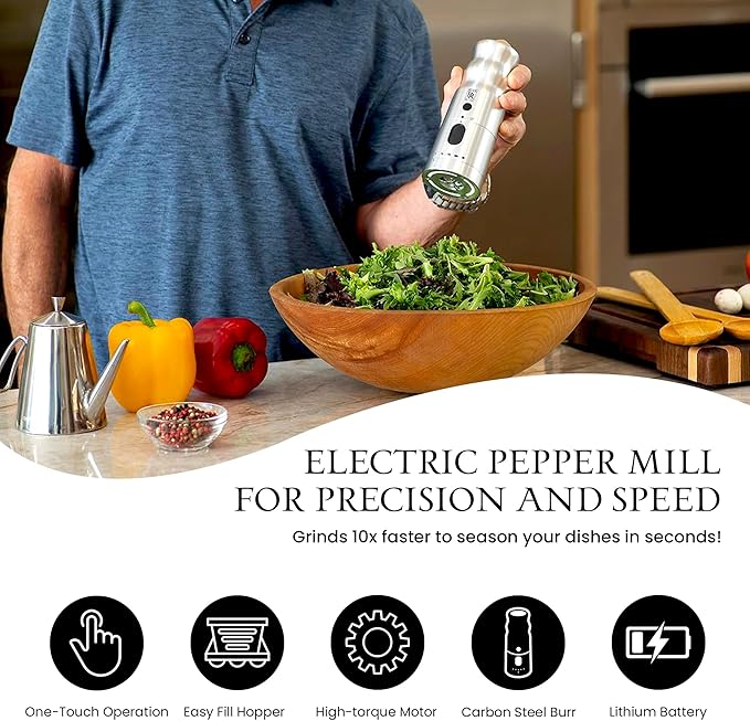 BLACK RAIN Pepper Mill Grinder, Adjustable Coarseness, Rechargeable Pepper Grinder with LED Light, Heavy Duty Professional Grade Electric Peppercorn Grinder (Brushed Silver)