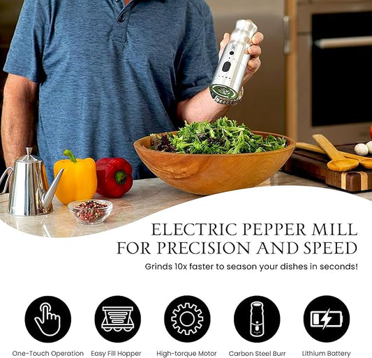 BLACK RAIN Pepper Mill Grinder, Adjustable Coarseness, Rechargeable Pepper Grinder with LED Light, Heavy Duty Professional Grade Electric Peppercorn Grinder (Brushed Silver)