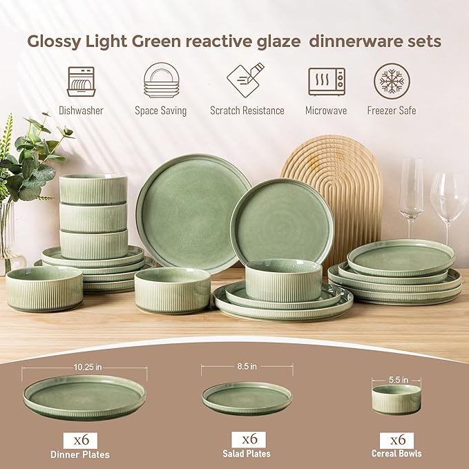 GBHOME Stoneware Dinnerware Sets for 6,Round Reactive Glaze Ceramic Plates and Bowls Set,Highly Scratch Resistant | Dishwasher & Microwave Safe Dishes Set,Service for 6(18Pcs)，Olive Green