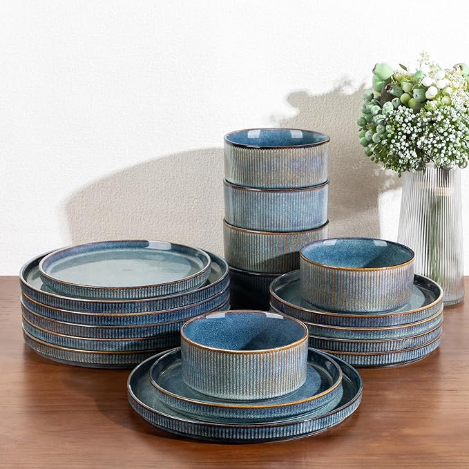 GBHOME Stoneware Dinnerware Sets for 4,Round Reactive Glaze Ceramic Plates and Bowls Set,Highly Scratch Resistant | Dishwasher & Microwave Safe Dishes Set,Service for 4(12Pcs),Ceylon Blue