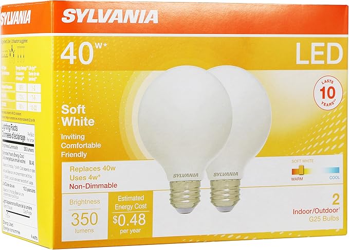 LEDVANCE Sylvania G25 LED Light Bulb, 40W Equivalent Efficient 4W, 10 Year, Non-Dimmable, 350 Lumens, 2700K, Soft White - 2 Pack (40214)