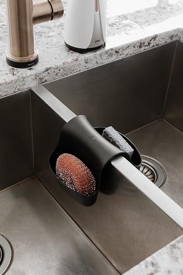 Umbra Saddle Sink Caddy – Flexible Rubber Organizer for Double Kitchen Sink, Storage for Dish Sponge, Scouring Pads and More, Black (330210-040)