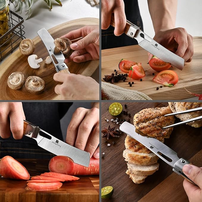 Folding Chef Knife 4.8” Ultra Sharp 440A Stainless Steel Blade Natural Olive Handle Pocket Foldable Japanese Style Kitchen Knife for Outdoor Camping BBQ trip Cooking