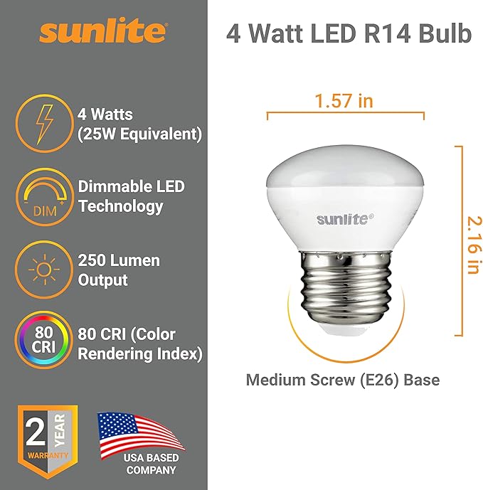 Sunlite LED R14 Mini Flood Light Bulbs, 4 Watts (25W Equivalent), 250 Lumens, Medium (E26) Base, Dimmable, ETL Listed, 2700K Soft White, for China and Curio Cabinet Light, 6 Count