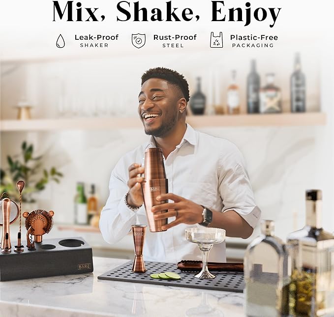BARE BARREL® Mixology Bartender Kit Bar Set | 14-Piece Cocktail Shaker Set | Martini Barware Mixing Tools for Home Bartending | Incl. 35 Recipe Cards | Gift Set (28oz Boston Shaker, Copper/Black)