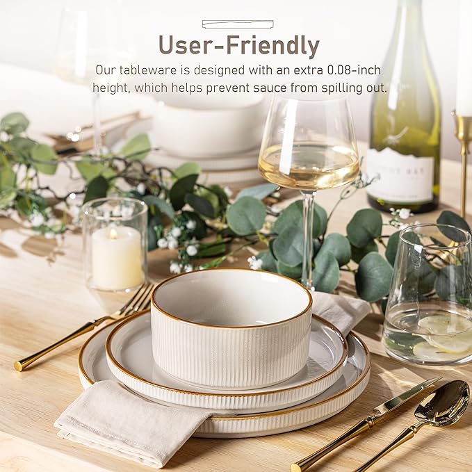 GBHOME Stoneware Dinnerware Sets for 8, Round Reactive Glaze Ceramic Plates and Bowls Set, Highly Scratch Resistant | Dishwasher & Microwave Safe Set，Service for 8（24pcs),Pearl White