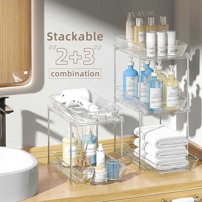 2 Sets of Under Bathroom Sink Organizer, 2-Tier Multi-Purpose Clear Medicine Cabinet Organizer, Pull Out Home Organization Must Haves 2025 with Movable Dividers