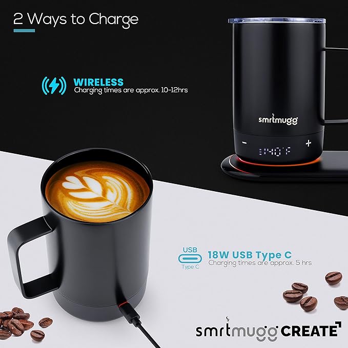 Create Heated Coffee Mug, Large 14 OZ, 5 Hour Battery Life, Precision Temperature Adjustment, Battery Powered Heated Coffee Mug Warmer, w/Dual Wireless Charging Pad Phone Charger (Black)