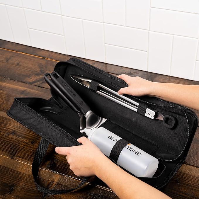 Blackstone 5481 Tabletop 5 Piece Griddle Tool Kit- Outdoor Indoor Grill BBQ Utensils, 2 Stainless Steel Spatulas, 1 Classic Tong, 16Oz Squeeze Bottle, 1 Portable Carry Bag, Black, Silver, White