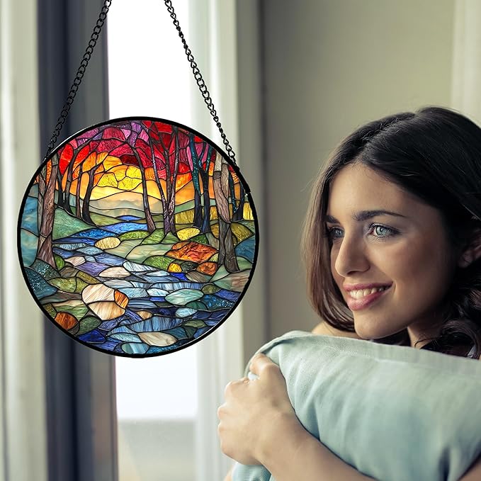 Stained Glass Window Hanging, Red Tree Abstract Sunset Lake Sun Catcher for Window Home Decor Landscape Suncatcher Mother's Day Birthday Gifts for Women Men Mom and Nana 9.8 in