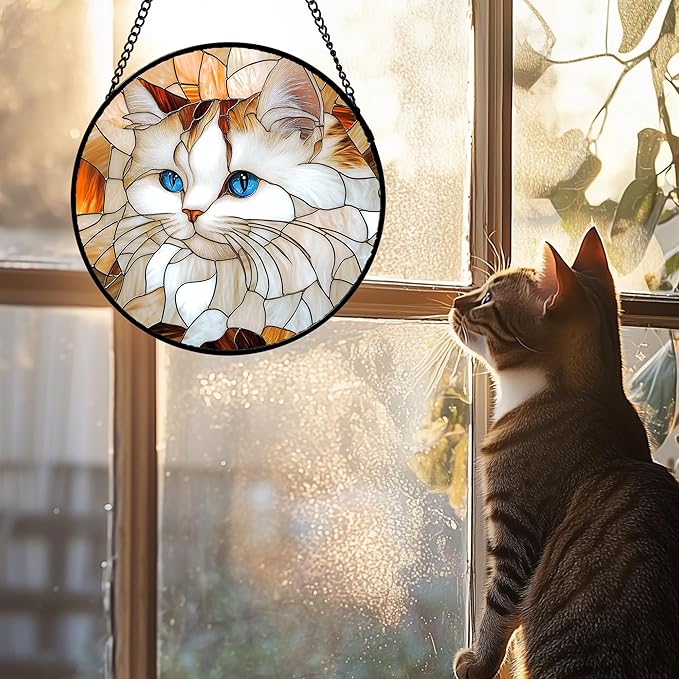 Stained Glass Window Hanging 4 Pcs Set Cute Cat and Dog 6.3" - Animal Suncatcher Door Garden Sun Catcher Decor Birthday Mother's Day for Mom Woman Nana Girl Boy Friend