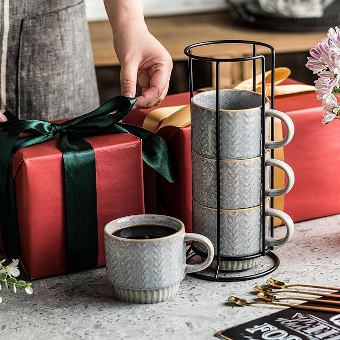 Coffee Mugs Set of 4 with Spoons & Stand, Stackable Espresso Cups 13oz Coffee Mug for Drinks Latte Cappuccino Tea, Coffee Cup for Women Men Couples Housewarming Birthday Gift, Dishwasher Safe