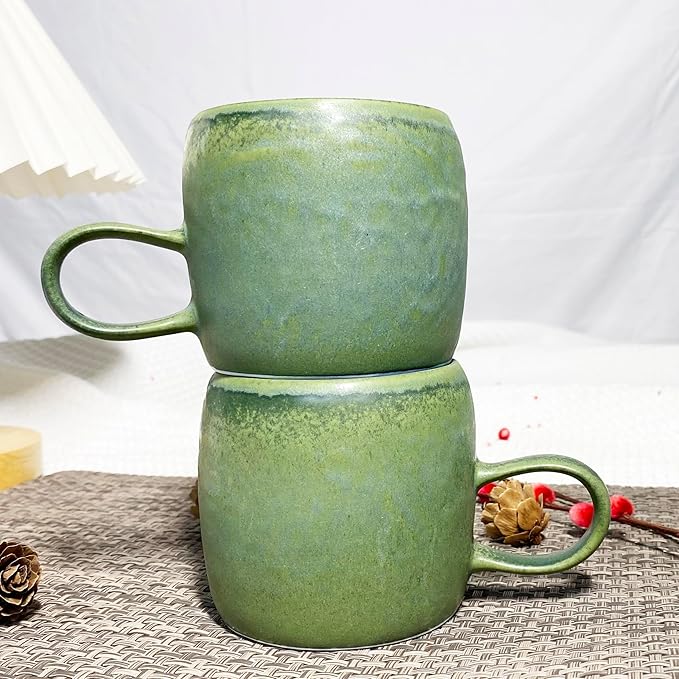 Medium Ceramic Coffee Mug Set of 2, 12 Oz, Stoneware Tea Cup for Office and Home, Dishwasher and Microwave Safe (Green, 2) (Classic)