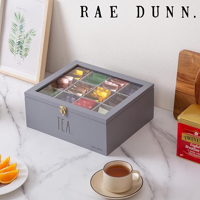 Rae Dunn Tea Bag Organizer - Tea Box Divided Storage Container Box with Hinge Lid for Kitchen Cabinet, Countertop, Pantry, Hold Coffee Pods, Seasoning Packets, Condiments, Grey