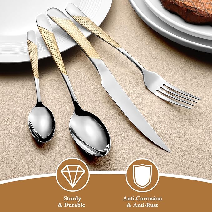 24 Piece Gold Hammered Silverware Set for 6, Premium Food-grade Stainless Steel Flatware Set, Luxury Design & Mirror Polished Cutlery Set, Eating Utensil Set with Fork Knife Spoon, Dishwasher Safe