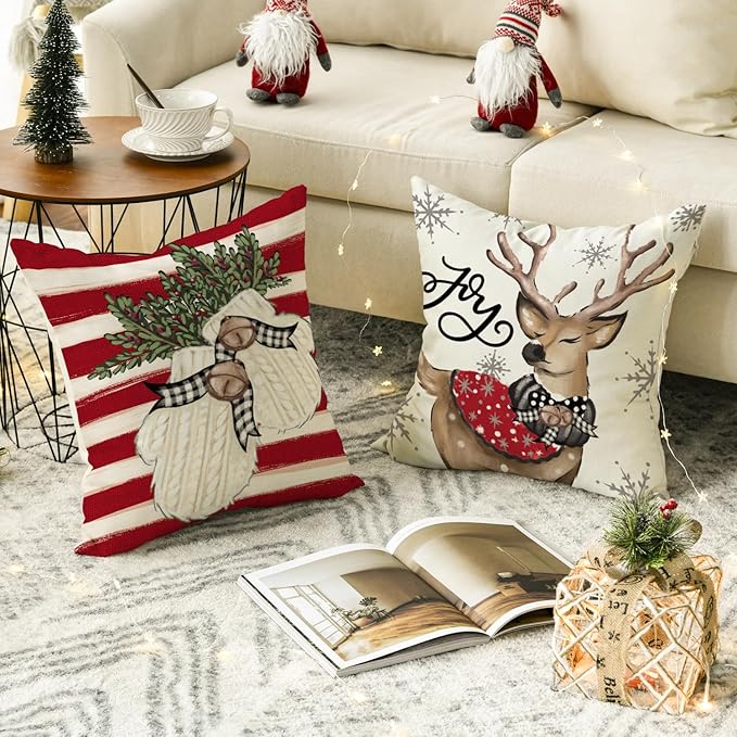 AVOIN colorlife Christmas Snowman Reindeer Gloves Eucalyptus Red Throw Pillow Covers, 16 x 16 Inch Winter Holiday Stripes Cushion Case Decoration for Sofa Couch Set of 4