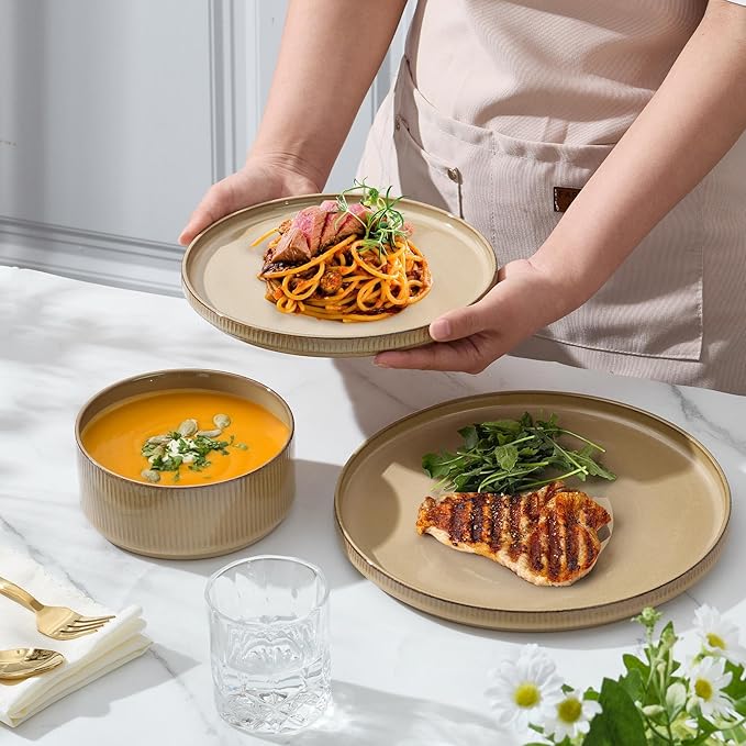 E-far Stoneware Dinnerware Sets, 18-Pieces Modern Plates and Bowls Sets, Kitchen Dinning Porcelain Dishes Set for 6, Chip & Scratch Resistant, Dishwasher & Microwave Safe, Caramel Khaki