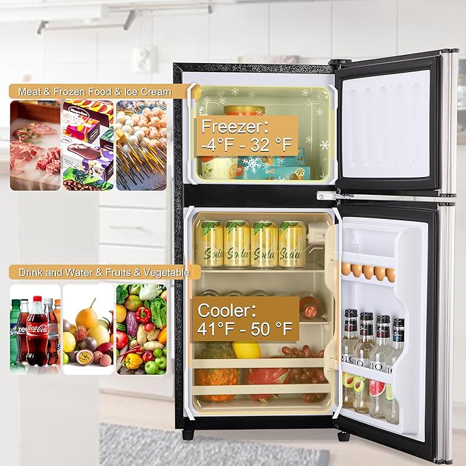 Mini Fridge with Freezer, 3.2 Cu. Ft. Apartment Size Refrigerator with Freezer, Dorm Fridges with Freezer Adjustable Thermostat, Small Refrigerator for Apartment, Office, Kitchen, Dorm, Silver
