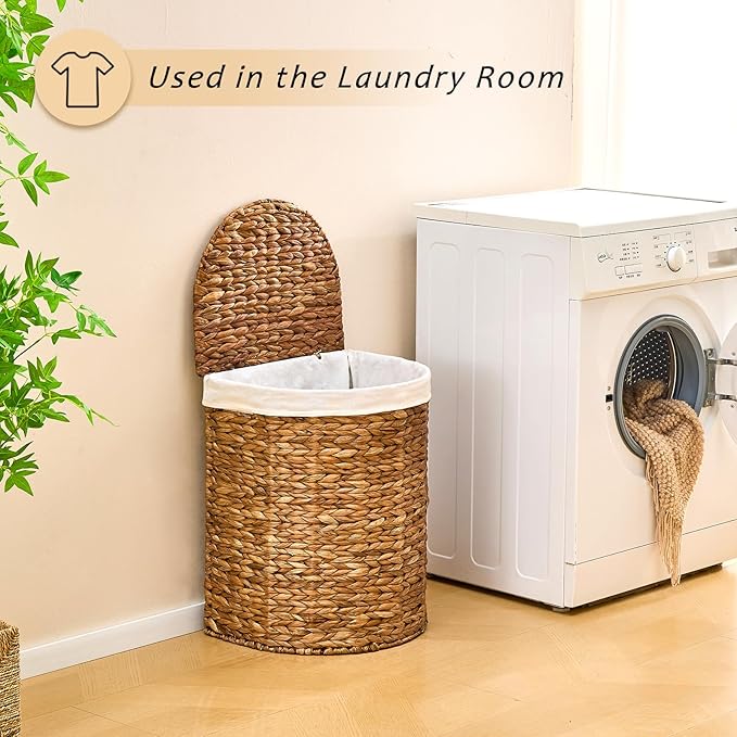 Water Hyacinth Laundry Hamper with lid, Half Moon Shape with 2 Removable Cloth Bags, Handwoven Boho Wicker Basket for Laundry Organization, Espresso
