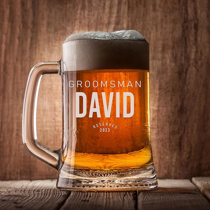 Groomsmen Gifts - Personalized Beer Mugs - Groomsmen Proposal Gift Idea - Customized Gift for Groom, Best Man, Groomsman - Custom Engraved Beer Mugs for Grooms Men - Groomsmen Beer Glasses (Design E)