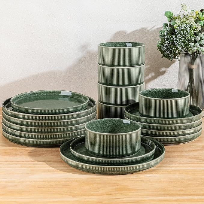GBHOME Stoneware Dinnerware Sets for 6,Round Reactive Glaze Ceramic Plates and Bowls Set,Highly Scratch Resistant| Dishwasher & Microwave Safe Dishes Set,Service for 6(18Pcs),Dark Green