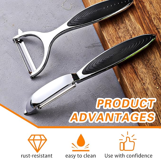 Zinc Alloy Vegetable Peeler Set, 2-Pack Y-Type and Straight Peelers with Black Flat Blades & Non-Slip Handle, Multi-Purpose Kitchen Fruit Potato Carrot Peeler for Efficient Peeling