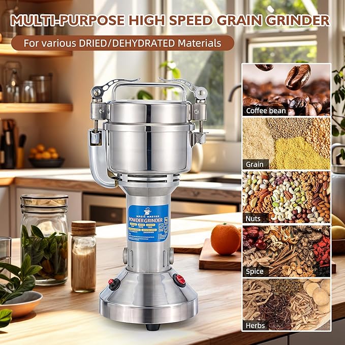MAGIC MASTER 150g Electric Grain Mill Grinder - 800W High Speed Commercial Spice Grinder - Stainless Steel Dry Machine for Flour, Wheat, Nut, Corn, Rice, Pepper, Herbs, Coffee Beans - Upright, 110V