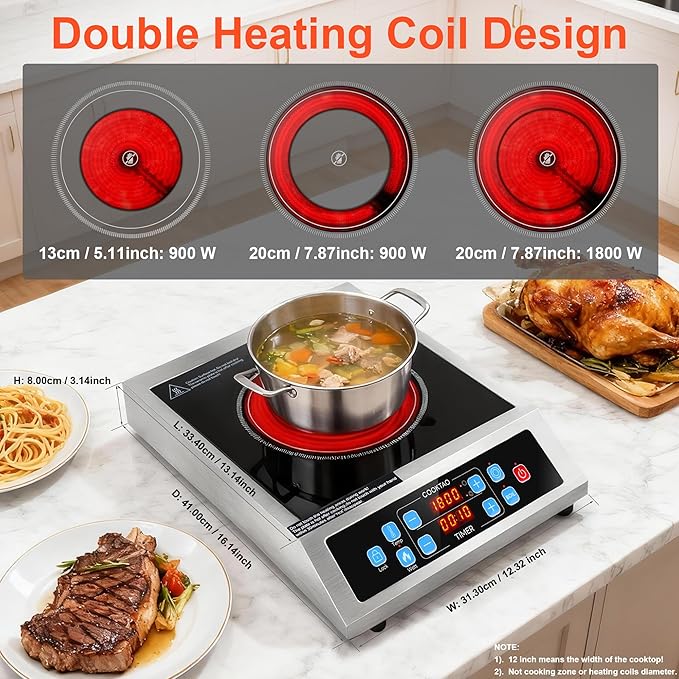 Dual Coils Design of Stainless Steel Single Burner Electric Cooktop, 1800W Commercial Ceramic Infrared Cooking Hot Plate, 12 inch Portable Countertop Radiant Stove Top Cooker with WATT n TEMP Control