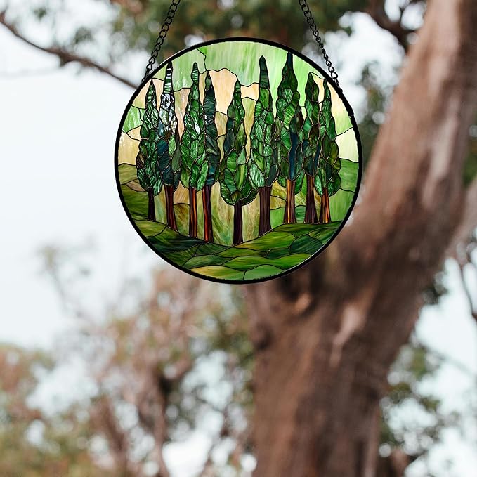 Stained Glass Window Hanging 4 Pcs Set Forest Green Trees Winter Snow 6.3" - Suncatcher Door Garden Sun Catcher Home Decor Birthday Mother's Day for Woman Nana Mom Men