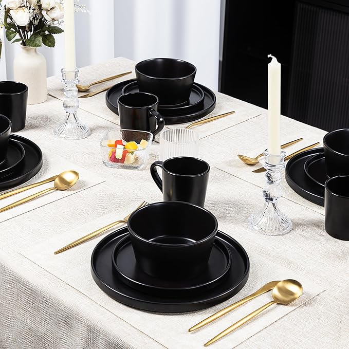 Plates and Bowls Sets for 4 - CJDC-QUELO 16 Piece Stoneware Dinnerware Sets with Mugs, Ceramic Dishware Sets for Kitchen Dining Use, Chip and Scratch Resistant Microwave Dishwasher Safe, Black