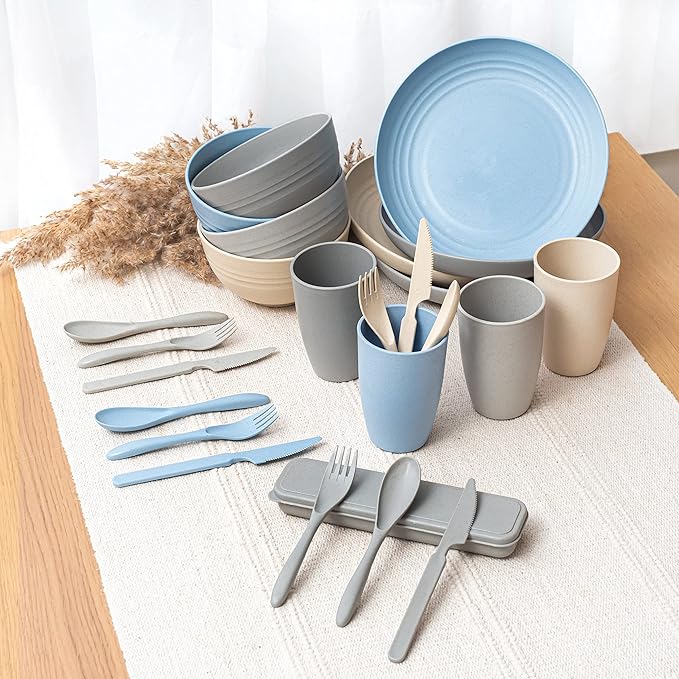 FOODLE Wheat Straw Dinnerware Set - BPA Free & Safety Tested - Microwave & Dishwasher Safe - Perfect for Picnic, Dorm, RV Dishes - Camping Plates Cups and Bowls Set - Great for Kids & Adults - For 4