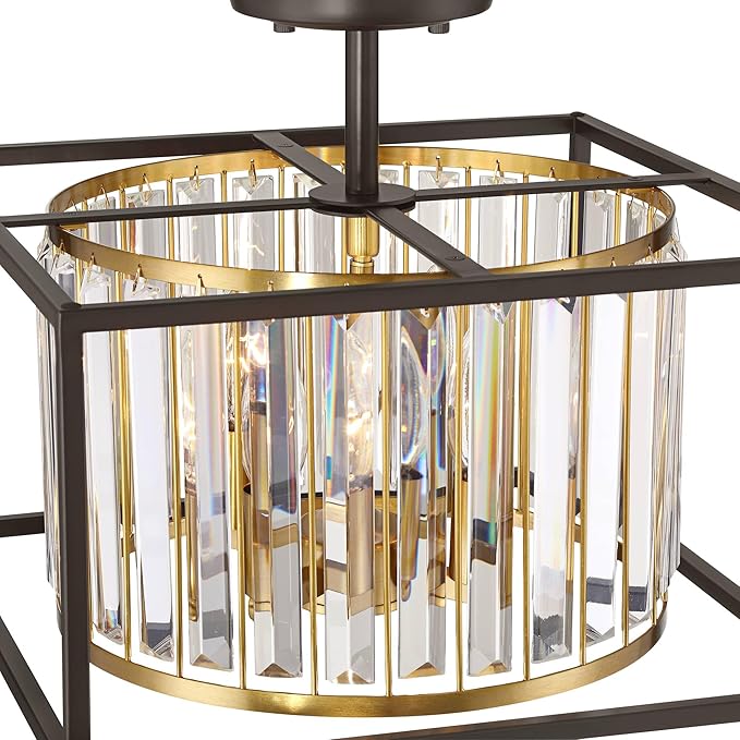 Possini Euro Design Milne 14" Modern Semi Flush-Mount Ceiling Light Fixture Kitchen Foyer Hallway Round 4-Light Brown Bronze and Brass Finish Crystal Bedroom Bathroom Entryway Living Room Small