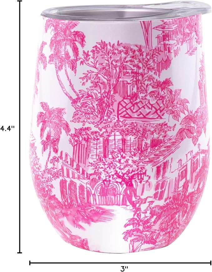 Lilly Pulitzer 12 Oz Insulated Tumbler with Lid, Yellow/Green Stainless Steel Travel Wine Glass, Double Wall Metal Cup (Palm Beach Toile)