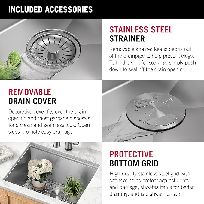 DELTA FAUCET Rivet 24-inch Workstation Laundry Utility Kitchen Sink Undermount 16 Gauge Stainless Steel Single Bowl with WorkFlow Ledge and a Kit of 5 Accessories, 95B9031-24SL-SS