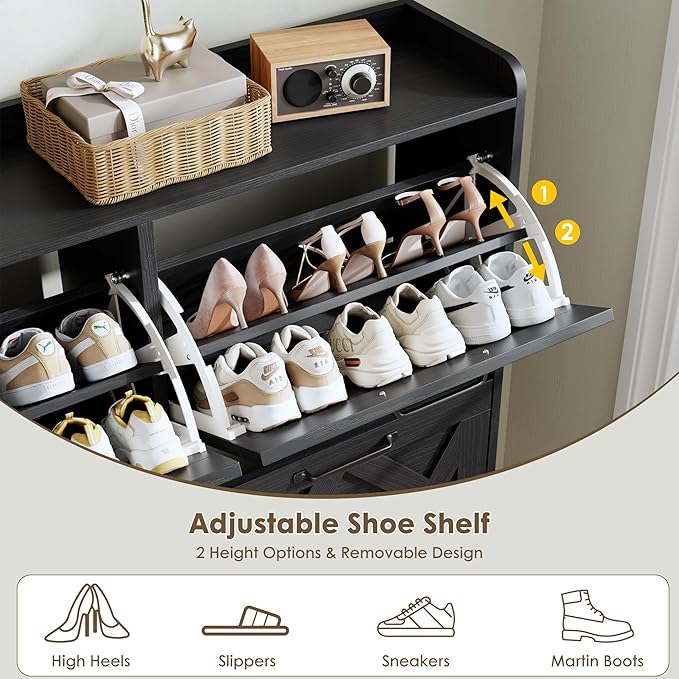 Nicetree Shoe Cabinet with 4 Flip Drawers, Hidden Shoe Rack Cabinet with Metal Legs, Farmhouse Narrow Shoe Storage Cabinet for Entryway, Foyer, Hallway, Black
