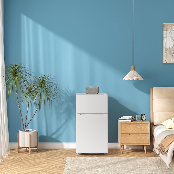 Double Door Refrigerator with Freezer, 3.5 Cu.Ft, Small Fridge with Freezer, 7 Settings Temperature Adjustable, Mini Refrigerator for Office Dorm Bedroom and Apartment (3.5 Cu.Ft, White)