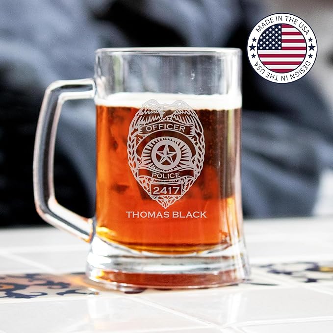 Personalized Police Officer Beer Glass, Custom Name & Number Beer Pint, 16oz Engraved Police Drinkware, Engraving Gifts for Men Dad, Retirement, PD