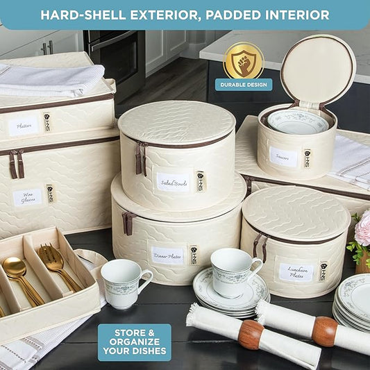 Hard Shell China Storage Containers 12-Piece Set Moving Boxes for Dinnerware, Glasses, Plates, Mugs and Saucers Sturdy Dish Organizer with Dividers for Seasonal Storage - Service for 12 -Beige Quilted