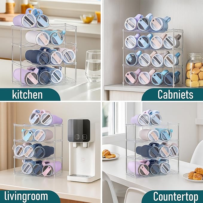 Water Bottle Organizer Stackable 4 Tier Rack for 32oz - 40oz Water Bottle Storage, Travel Mugs & Wine Clear Bottle Organizer, BPA Free Plastic and Water Bottle Holder for Cabinet, Fridge & countertop