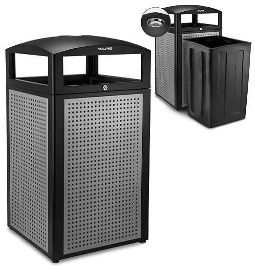 Alpine 40-Gallon Outdoor Commercial Trash Can with Ashtray & Locking Lid – Heavy-Duty Cigarette Disposal Bin with Removable Liner for Parks, Hotels & High-Traffic Outdoor Areas - Black & Grey