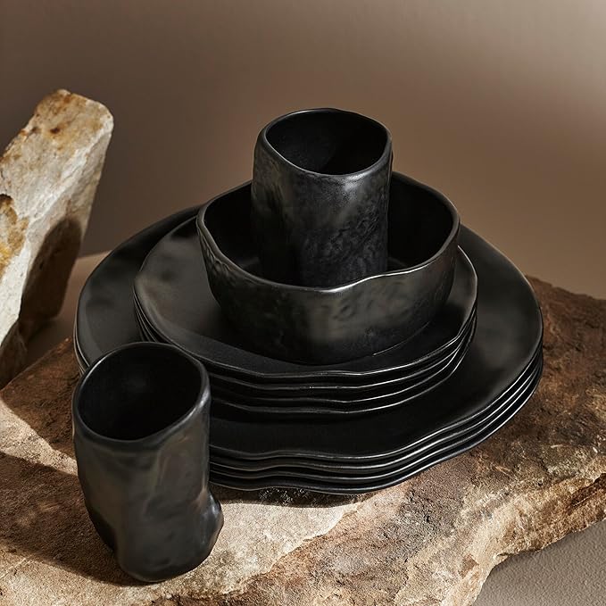 Stone by Mercer Project Atik Modern Stoneware 16-Piece Dinnerware Set, Plate and Bowl Set, Dish set for 4, Black