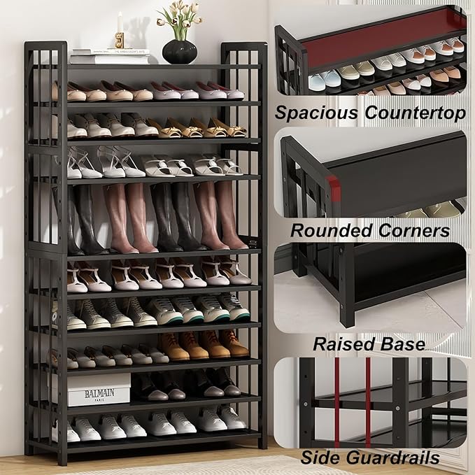 Large Capacity Shoe Storage Organizer: 11-Tier Tall Shoe Rack Holds 55-60 Pairs of Shoe, Bamboo Standing Shoe Shelf with Adjustable for Closet Entryway Black