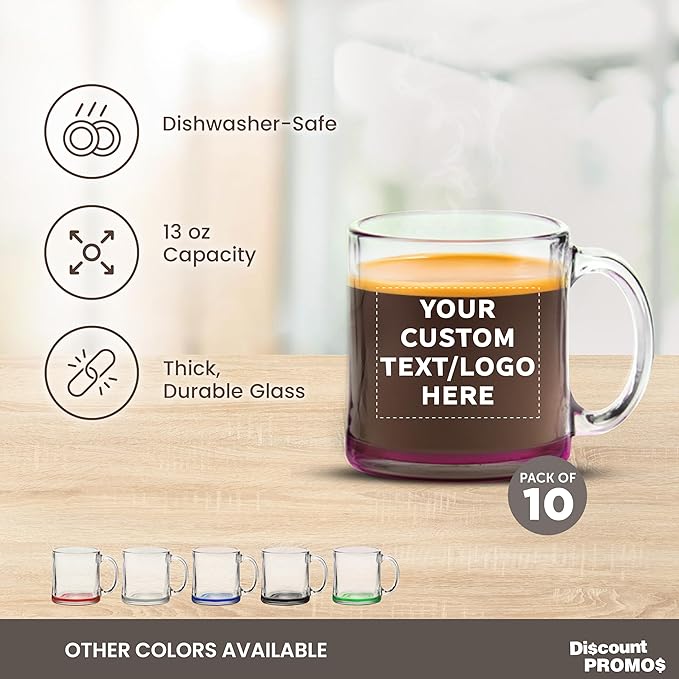 Custom Libbey Clear Glass Coffee Mugs 13 oz. Set of 10, Personalized Bulk Pack - Perfect for Coffee, Tea, Espresso, Hot Cocoa, Other Beverages - Pink Bottom