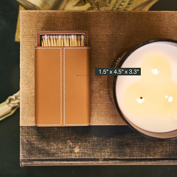 Preston Lane Mayfair Handmade Leather Matchstriker – Decorative Matchbox Holder with Built-In Striker, Stylish Coffee Table & Mantle Accent, Saddle