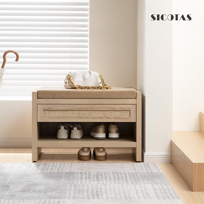 SICOTAS Rattan Shoe Bench Entryway Bench with Storage Drawer and Linen Seat Cushion, Farmhouse Boho Shoe Rack Bench with Shelf, Wooden Storage Bench for Entryway Hallway and Bedroom, Light Oak